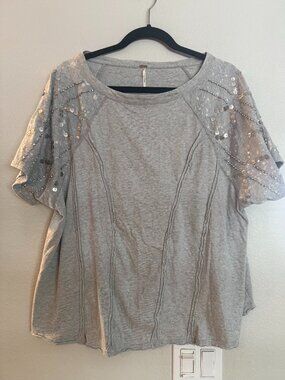 Free People Shine Me Out Sequin Embellished Sleeve Open Back Top  Small